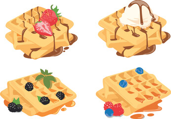 Delicious waffle servings with assorted toppings including strawberries, blueberries, raspberries, blackberries, ice cream, chocolate syrup, and mint leaves, perfect breakfast or dessert food  © Creative World