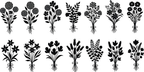 Floral bouquet silhouette collection with spring blossoms garden flowers and leaves for wedding invitations romantic greeting cards and botanical patterns, cad drawing flat vector illustration © Hello World