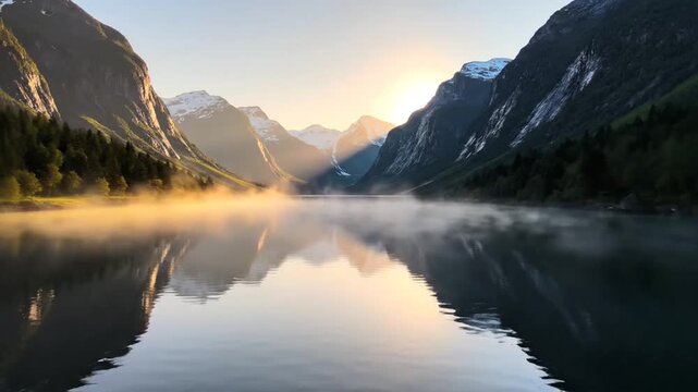 A serene landscape reveals a mountain valley with a lake reflecting the majestic peaks and sunlight