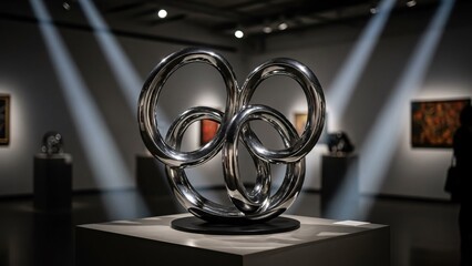 A large, gleaming metallic abstract sculpture with intertwined loops displayed prominently in a dimly lit art gallery, illuminated by focused spotlights.