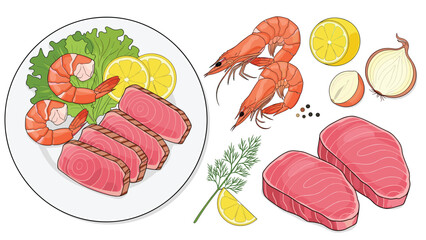 Gourmet plate of sliced tuna steaks and shrimp served with fresh lettuce and lemons accompanied by raw ingredients like onions and herbs.