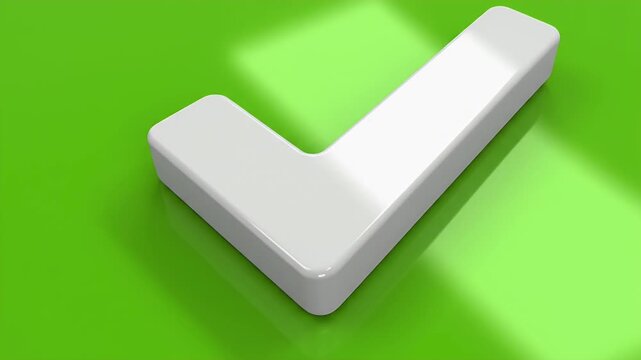 A glossy white checkmark lies on a bright green surface with soft shadows