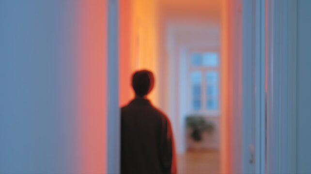 Mieter navigiert w&auml;hrend eines Stromausfalls mit Taschenlampe und Handy durch den Flur einer deutschen Wohnanlage.