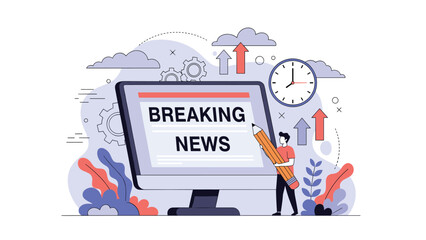 Naklejka premium Digital journalist working on breaking news display screen surrounded by business gears, clock, and growth arrows in abstract design.
