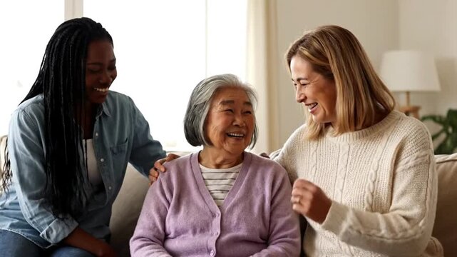 Multi generational family laughing together on a couch showing diverse women sharing a joyful moment with warmth and connection