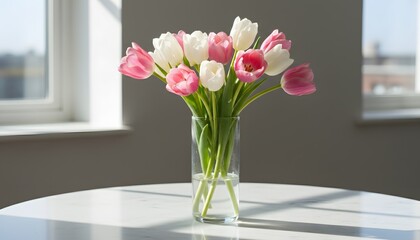 Fototapeta premium A vibrant bouquet of pink and white tulip flowers in a glass vase, highlighting the refreshing spring flower concept and home decor