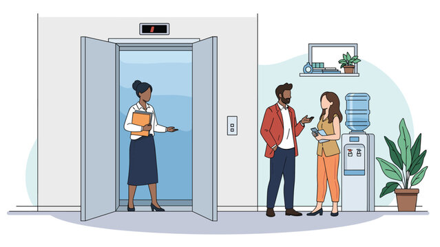 Modern office lobby scene showing a professional woman entering an elevator while colleagues talk near a water cooler and plants.