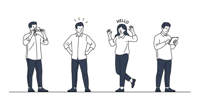 Group of diverse people characters in different casual poses including waving hello and using a mobile tablet.