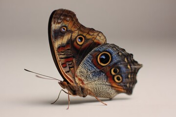 Realistic model of a butterfly showcasing intricate details and vibrant colors on a neutral background at a studio setting