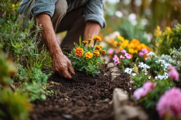 Fototapeta premium Gardener carefully planting vibrant marigold flowers in a lush garden bed surrounded by colorful blooms during a sunny afternoon