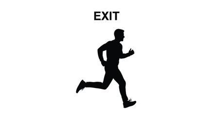 Silhouette of a running man positioned beneath the word exit in black