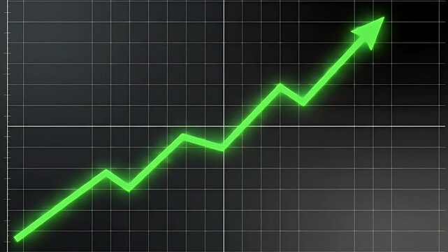 A bright green line chart ascends on a dark grid background