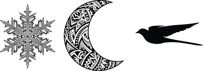 Obraz premium Set of Decorative Vector Illustrations Featuring a Detailed Snowflake Tribal Pattern Crescent Moon and Flying Bird Silhouette for Creative Design