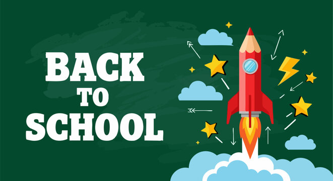 Back to school vector illustration with rocket
