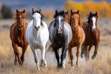 Obraz premium Wild Horses Running Free in Autumn Field