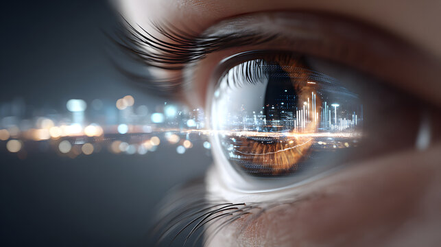Futuristic eye reflection cyber vision digital interface city light technology concept innovation artificial intelligence data visualization focus closeup human eye watching futuristic city