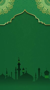 Elegant Vertical Islamic Motion Graphics, 4K Green Background with Mosque Silhouette and Glowing Lanterns.