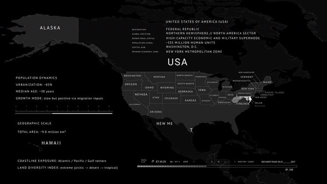USA Travel map state names HUD Washington, New York, Florida.. Unites States of America with country regions outlines.