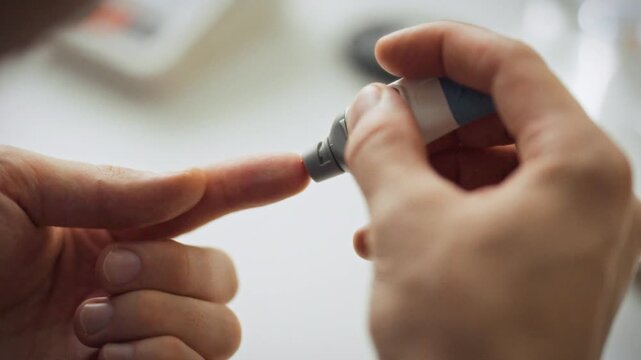 Man carefully pricks his finger with lancet device, initiating crucial diabetes management measurement to monitor blood sugar levels, highlighting a common health check procedure in medical self-care