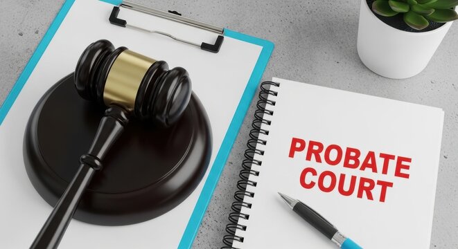 Legal documents and gavel on a probate court notepad with pen and plant in background