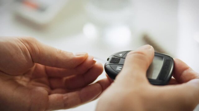 Man's hand grasps medical glucometer, using device's screen to carefully measure blood sugar levels precise diabetes monitoring health management, leveraging technology for effective condition control