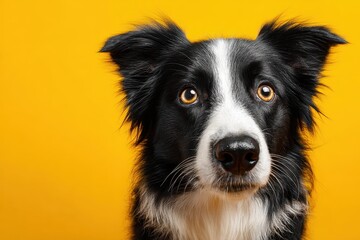 Fototapeta premium Border Collie with striking features poses on vibrant yellow background showcasing its expressive nature and playful spirit
