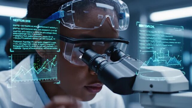 Scientist using futuristic microscope with holographic data displays in laboratory