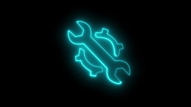 neon line settings icon animation. with gear and wrench on black background.Glowing neon line wrench and gear icon, mechanical Repair tools concept logotype icon. Abstract neon gear and wrench icon.