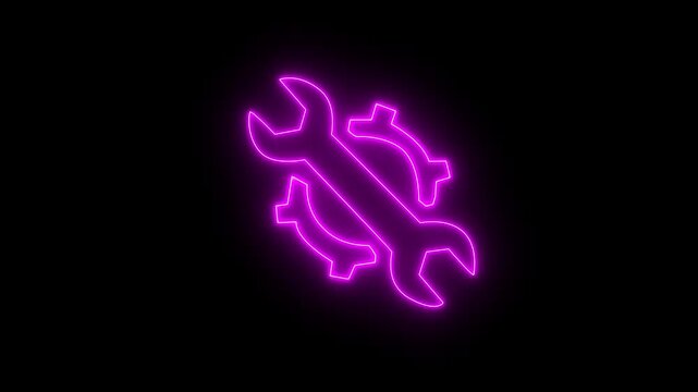 neon line settings icon animation. with gear and wrench on black background.Glowing neon line wrench and gear icon, mechanical Repair tools concept logotype icon. Abstract neon gear and wrench icon.