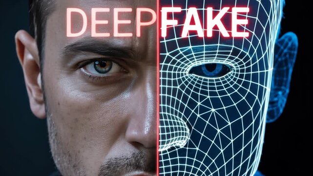 Deceptive Facade: A stark visual representation explores the concept of Deepfake, juxtaposing a genuine human face with a digitally constructed counterpart.
