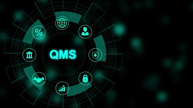 Quality management system business and industrial technology concept. QMS, Modern Business, Technology, Internet and social media icons 4K animation background.