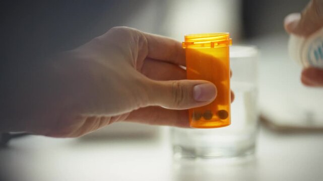 Woman follows her daily self-medication routine, carefully opening orange pill bottle reaching for glass of water, emphasizing importance of vitamin supplements adherence to her home health regimen
