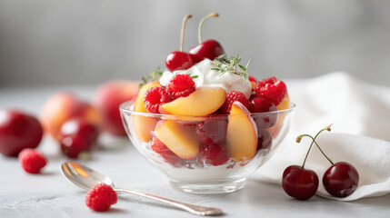 Refreshing summer fruit salad with whipped cream fresh herbs. Delightful glass bowl filled with ripe peaches, juicy raspberries, sweet cherries topped with dollop of whipped cream garnished with thyme