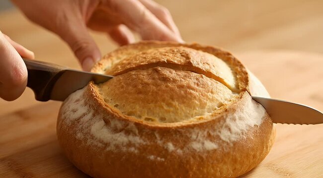 Hands carefully slicing fresh round loaf of golden sourdough bread on board