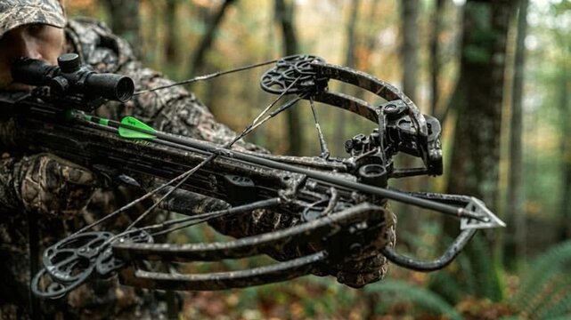 Hunter aiming crossbow in forest. Camouflage clothing, outdoor hunting activity, autumn woodland concept.