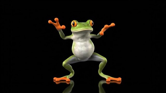 A vibrant green frog performs an energetic dance move on a sleek surface from a straight-on viewpoint.