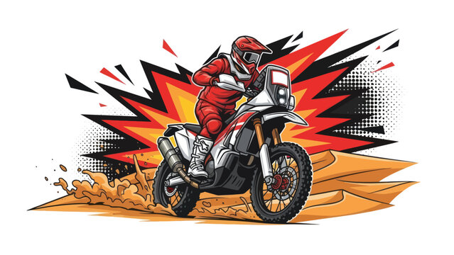 Motorcycle rider in action illustration against explosive background