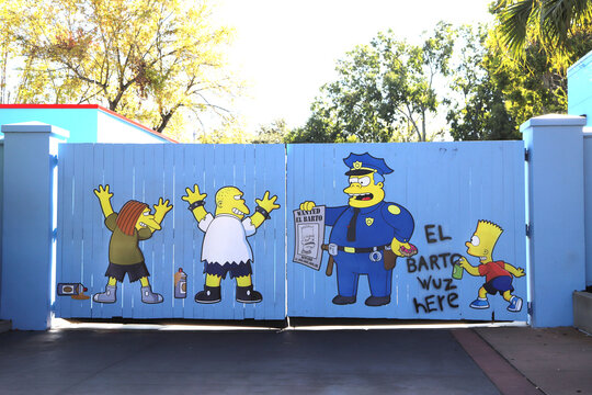 
Mural featuring characters from The Simpsons: Bart Simpson, Clancy Wiggum, Jimbo Jones, Kearney Zzyzwicz