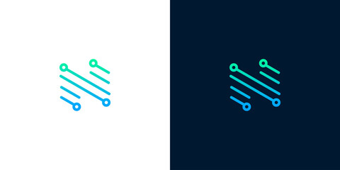 Obraz premium Abstract circuit board lines forming the letter 'S' with a gradient of blue and green, presented on white and dark blue backgrounds