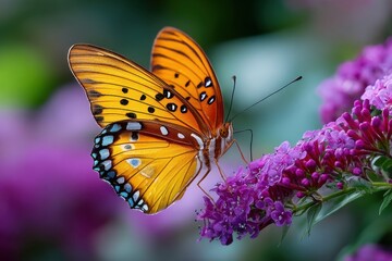 Butterfly with orange and blue wings on purple flower