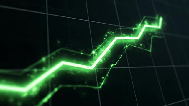 A bright green glowing line chart rises against a dark grid background, suggesting progress