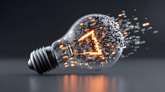 Futuristic lightbulb innovation concept digital idea explosion technology creativity glowing filament 3d render orange spark shattered glass energy progress imagination
