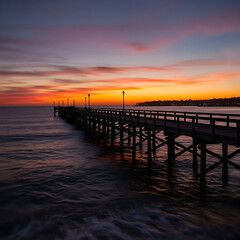 Fototapeta premium Beautiful sunset over a wooden pier on the ocean at dusk