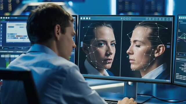 Analyzing Biometric Data: An observer closely examines facial recognition data displayed on computer screens, delving into the intricacies of biometric analysis.