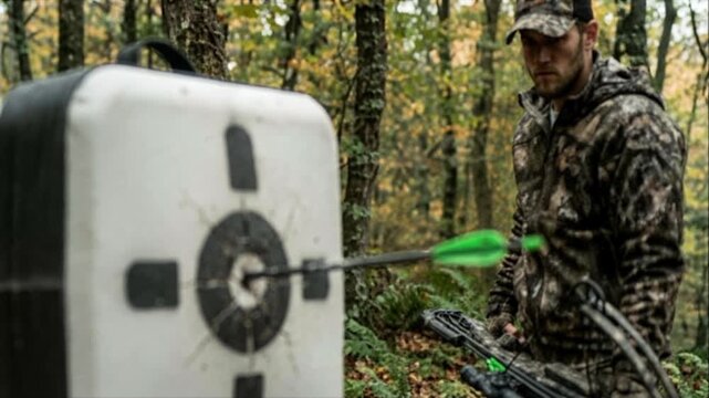 Crossbow aimed at target in forest setting. Outdoor archery and hunting theme.