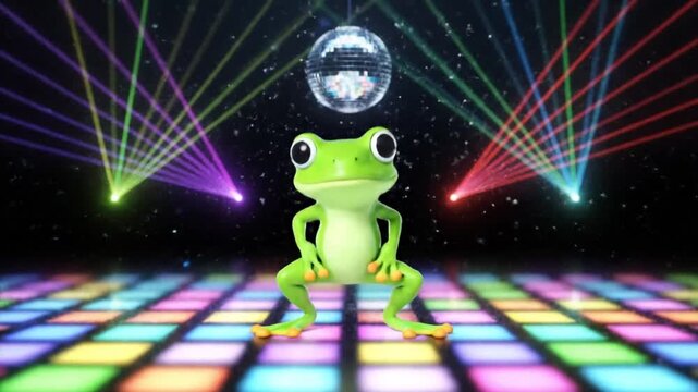 A vibrant frog performs an energetic dance under a disco ball on a colorful dance floor