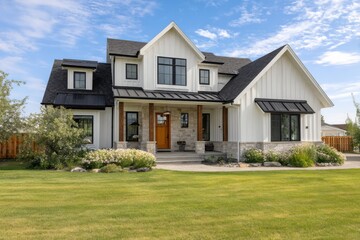 Modern house with a large yard on a sunny day in a suburban neighborhood surrounded by trees and flowers showing outdoor landscaping details