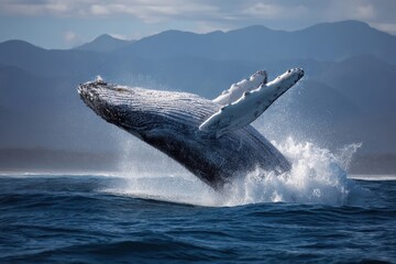Naklejka premium Humpback whale splashes into the air in a breathtaking display off the coast of Australia