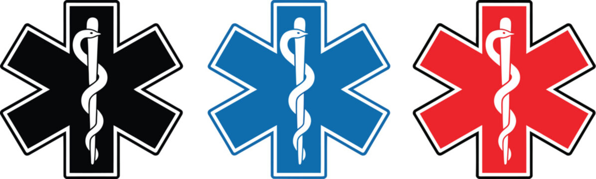 Black blue and red medical star of life symbols set