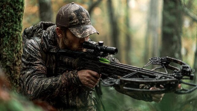 Hunter with crossbow hiding behind tree in forest. Camouflage and outdoor survival concept.